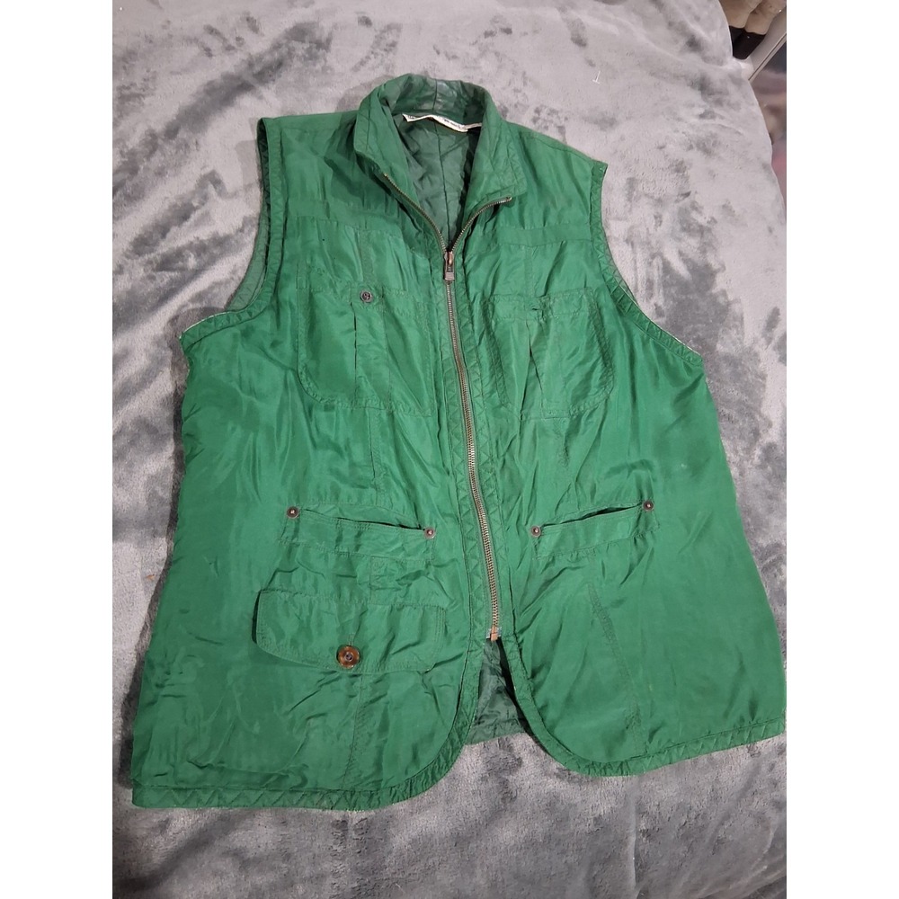 Vintage 100% Silk C.A. Sport Men Green Zip Button Vest Collar Lightweight Small